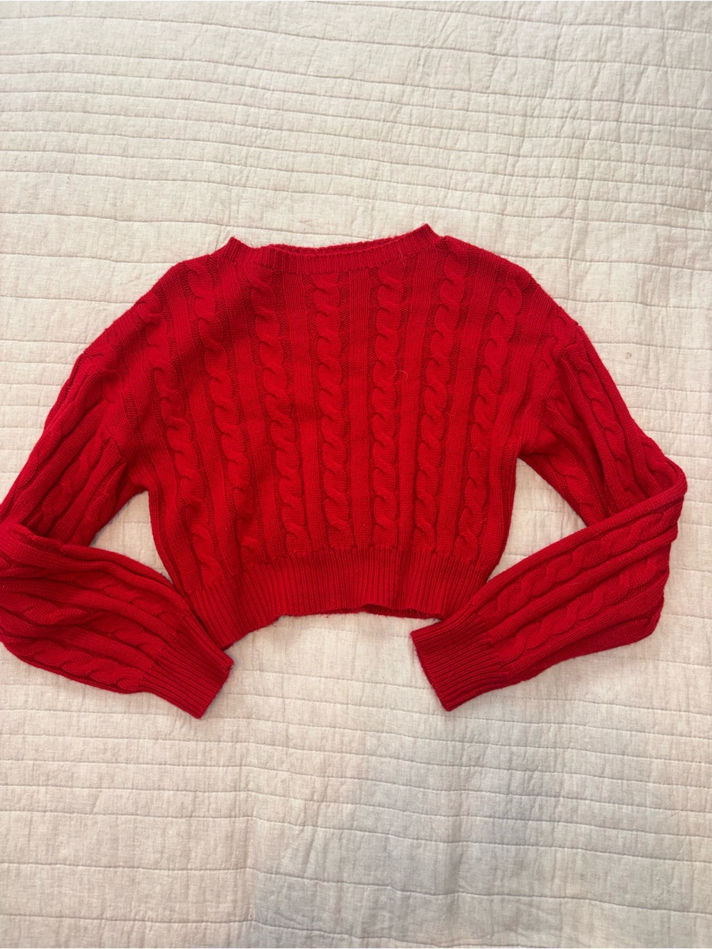 Amazon Red Cable-Knit Cropped Crewneck Sweater